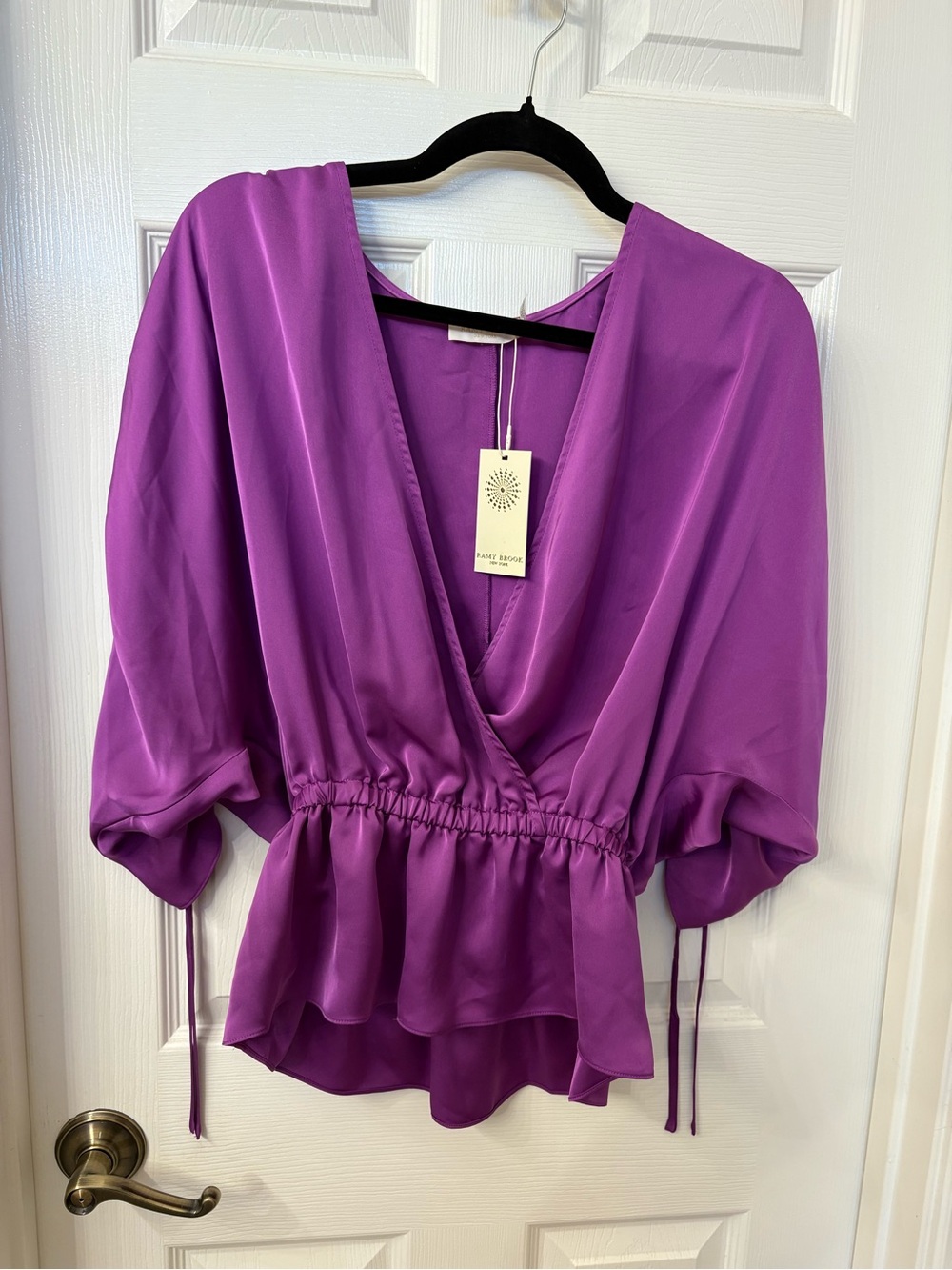 Ramy Brook Magenta Satin Wrap Peplum Blouse